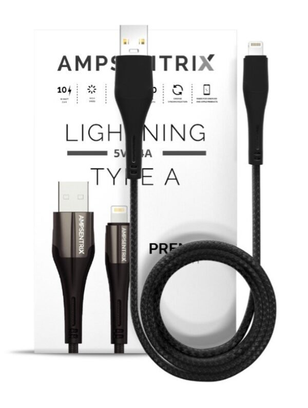 3 FT NON-MFI LIGHTNING TO USB TYPE A CABLE (AMPSENTRIX) (MATRIX) (BLACK) - Image 2
