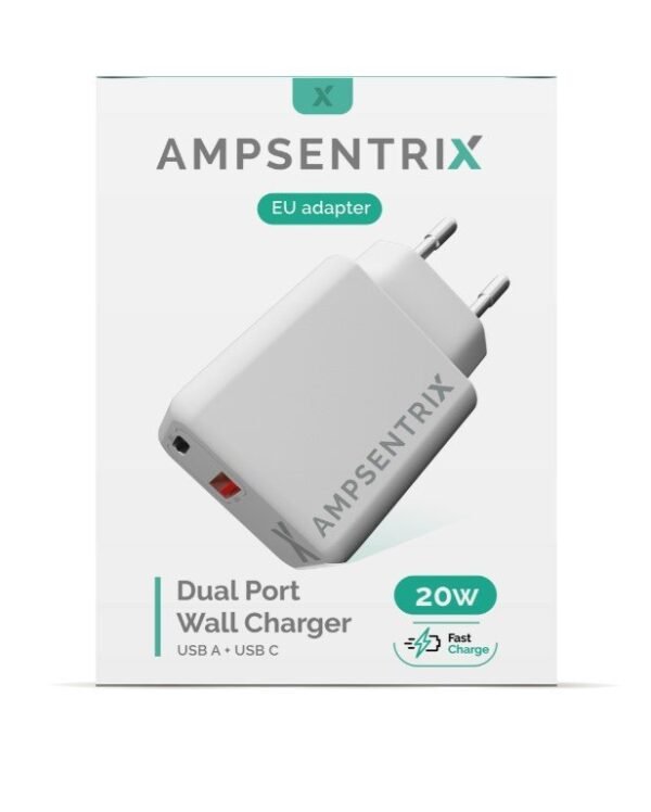 AmpSentrix quality 20W USB Type C And USB Type A Wall Power Adapter (220V EURO).